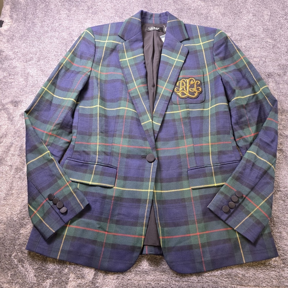 Lauren Ralphā Lauren Bullion Tartan Plaid Blazer Womens 4 Wool Blend Twill Crest
